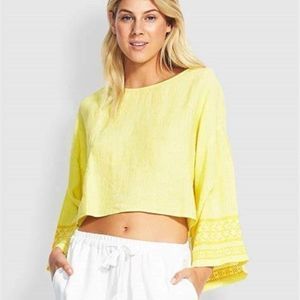 Seafolly Brightfolk Lime Light Cropped Oversized Flare Sleeves Linen Top Size XS